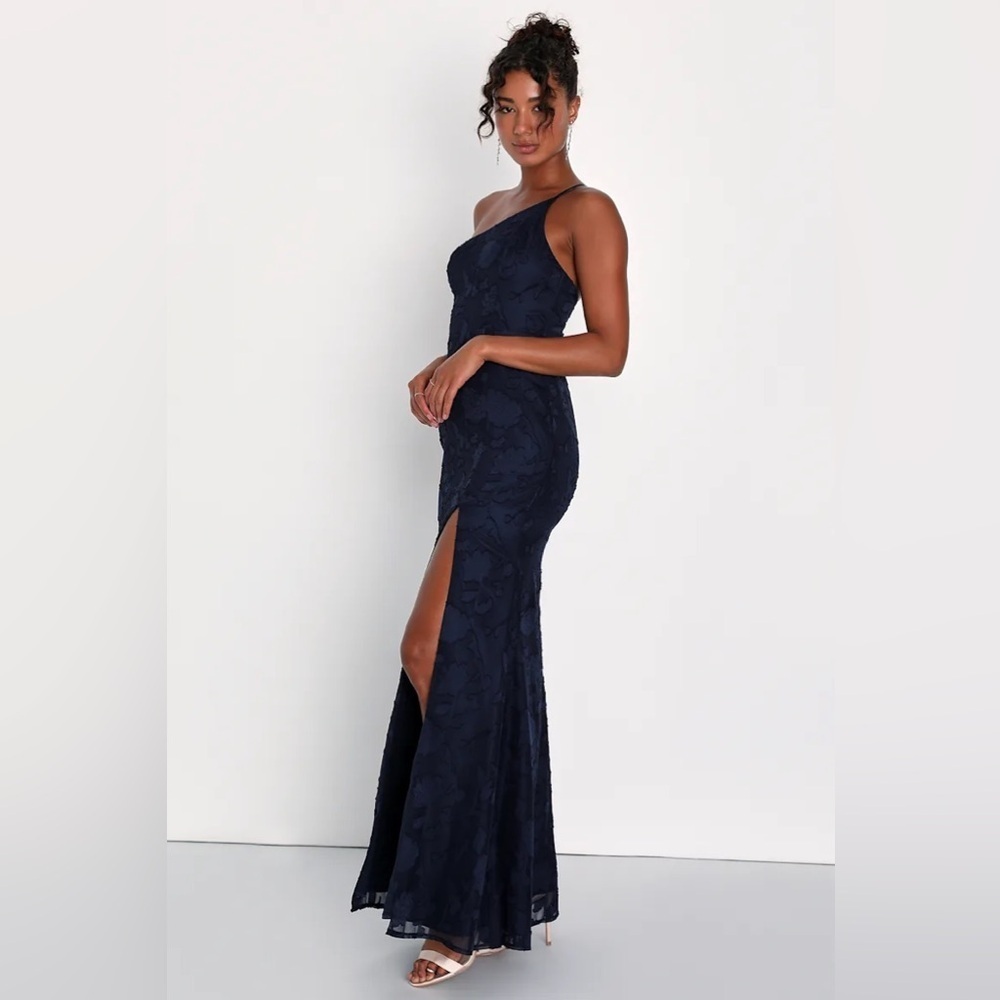 Lulus Dreamy Perfection Navy Blue Burnout Floral One-Shoulder Dress - Picture 3 of 8